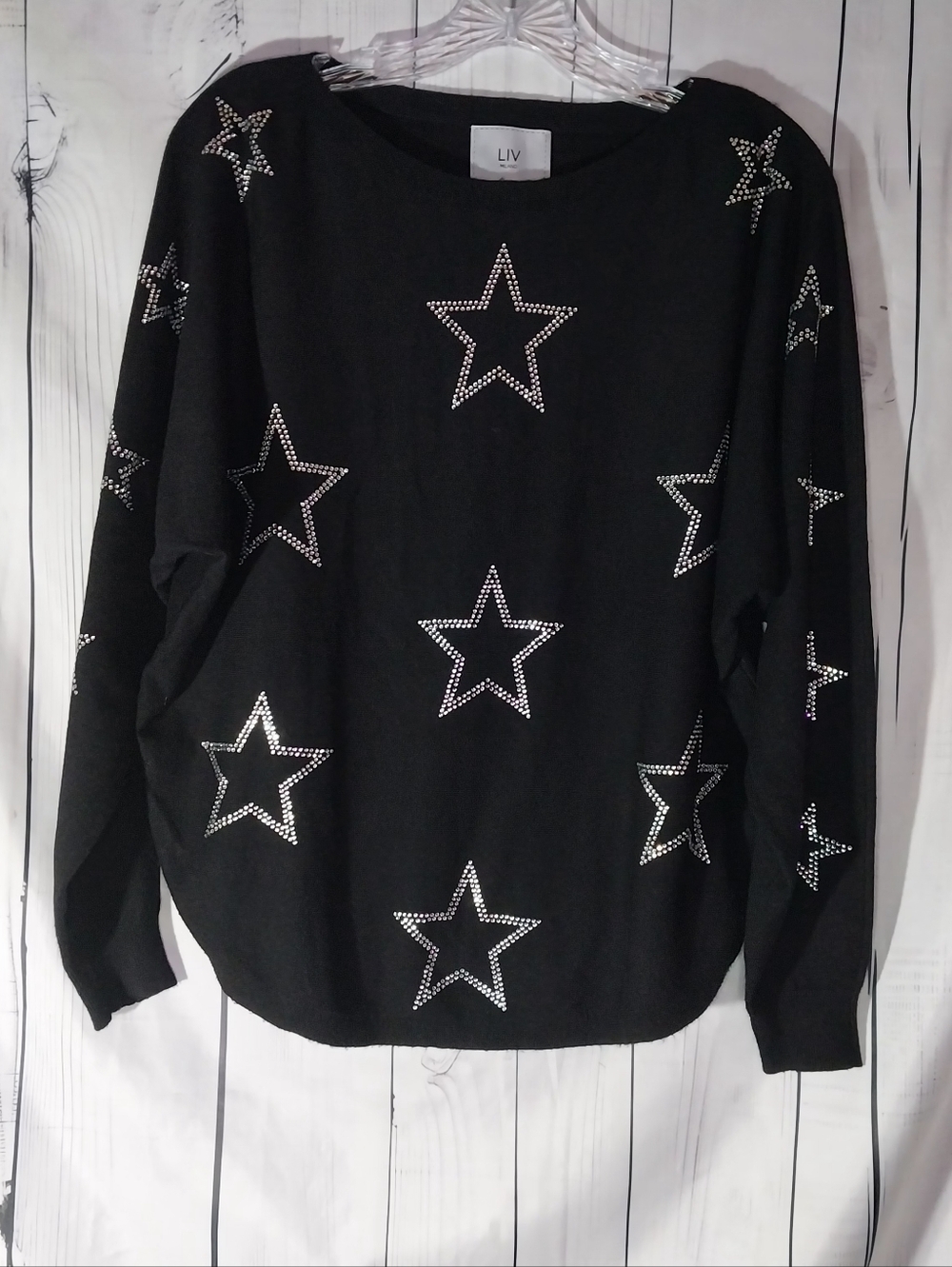 LIV Milano Black Star Studded Rhinestone Embellished Celestial 90's Sweater